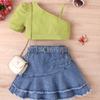 Костюм для девочек, летний детский однотонный топ с короткими рукавами, джинсовая плиссированная короткая юбка, пояс для костюма