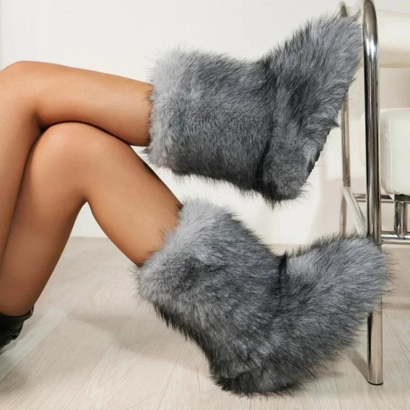 Зимние пушистые сапоги женские меховые ботинки пушистые меховые зимние сапоги плюшевая подкладка резиновые плоские туфли для улицы с бантом теплая женская обувь