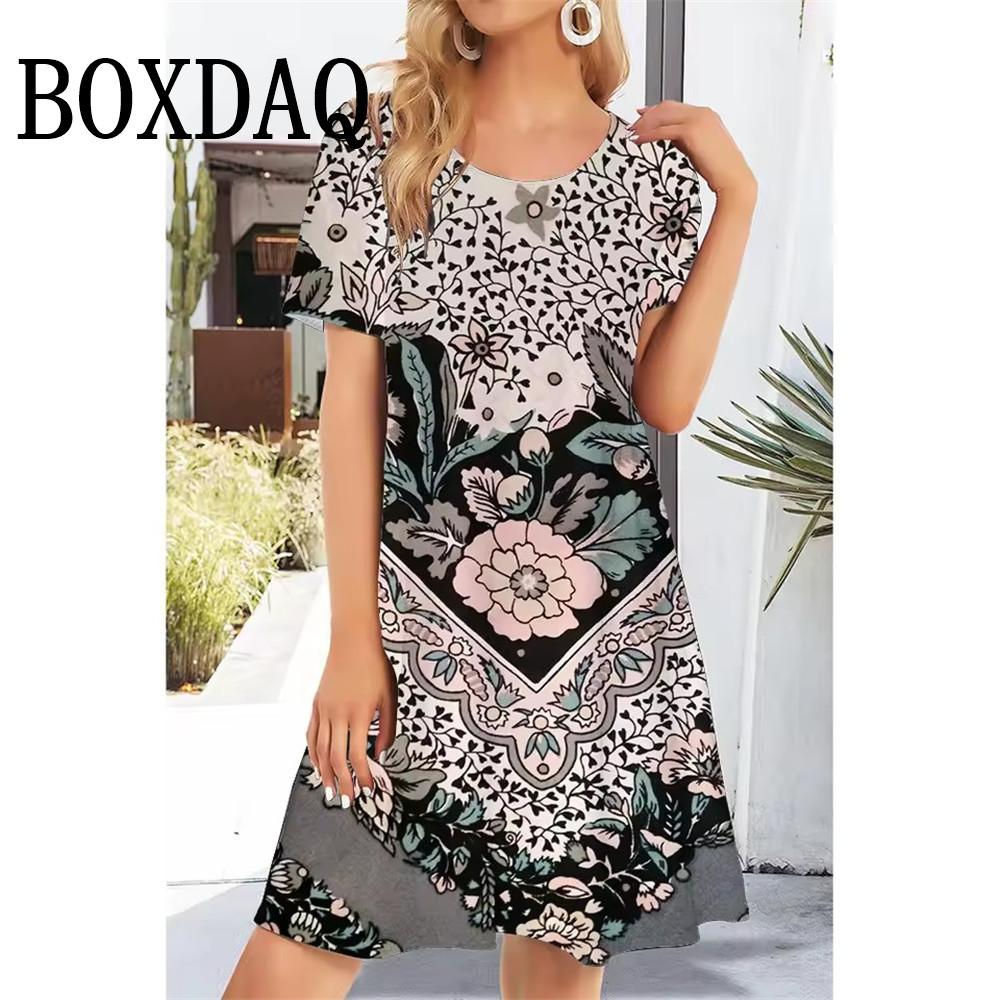 Летние женские платья с коротким рукавом, модные повседневные платья с цветочным принтом 2025, женские свободные короткие платья с круглым вырезом, сарафан