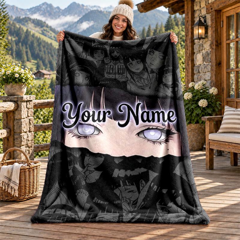Hyuga Hinata Custom Name Flannel Blanket Personalized Soft Warm Plush Throw Blanket Customized Gift for Family Friends