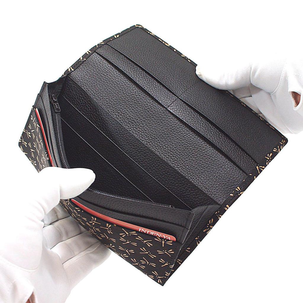 [Inden-ya] Inden Длинный кошелек, Размер M, с монетницей, Оленья кожа, Черный с белым лаком, Узор "Стрекозы", 2109-11-008