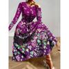 Womens Purple Floral Print Long Sleeve Maxi Dress - Elegant Party In Milk Silk Fabric