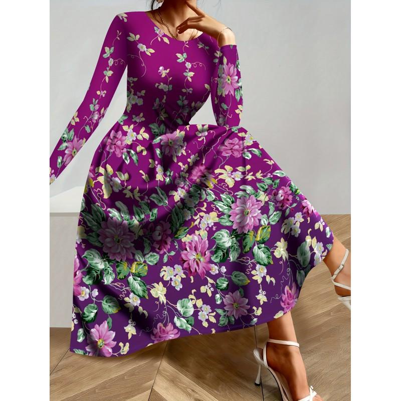 Womens Purple Floral Print Long Sleeve Maxi Dress - Elegant Party In Milk Silk Fabric
