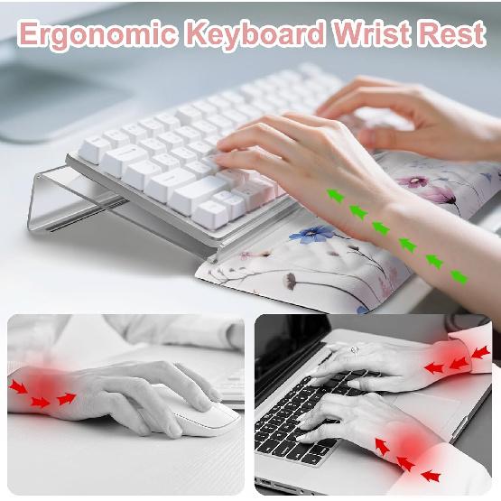 MOSISO Wrist Rest for Keyboard&Keyboard Stand Set, Cosmos Flowers Ergonomic Wrist Rest Pad, Non-Slip Woven Stripes Cushion with Easy Typing Working