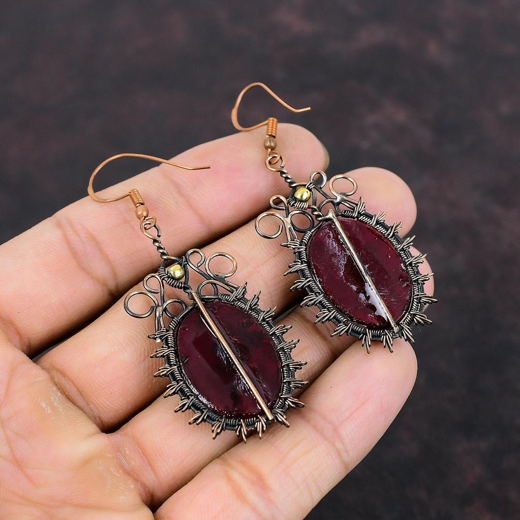 Серьги из красного огненного лабрадорита, серьги из медной проволоки, настоящие серьги из драгоценных камней, ювелирные изделия из медной проволоки, висячие серьги ручной работы, свадебный подарок