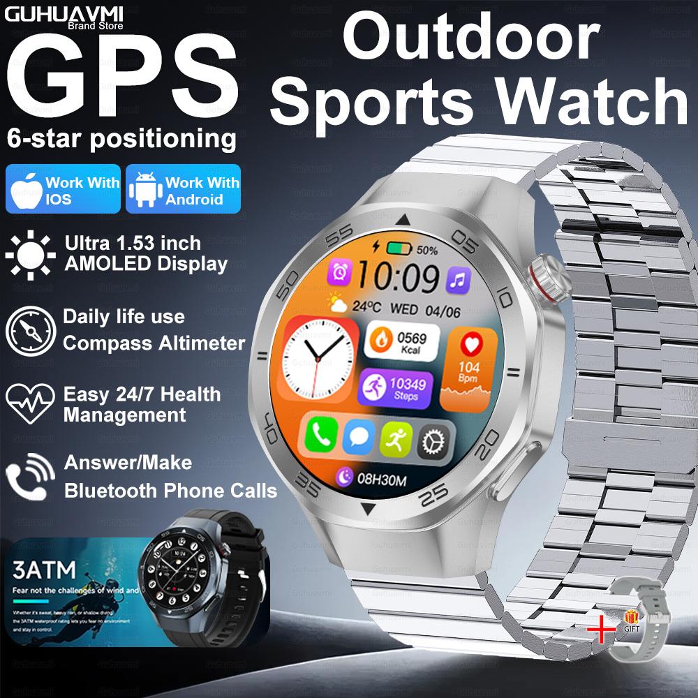 Новые умные часы с GPS-позиционированием для мужчин, 1,53-дюймовый AMOLED HD-экран, компас, датчик сердечного ритма, водонепроницаемость 3ATM, звонки, спортивные, деловые умные часы
