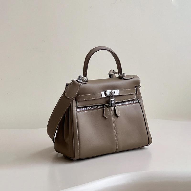 Swift First Layer Cowhide Kelly Bag Double Pocket Ladies Handbag, Large Capacity Leather Kelly Crossbody Shoulder Bag