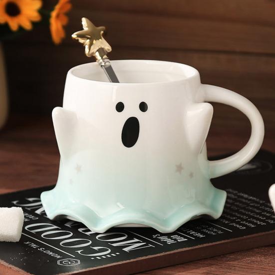 Кружка-призрак на Хэллоуин объемом 460 мл с ложкой, симпатичная керамическая чашка для воды с изображением призрака, украшение для дома и офиса на Хэллоуин, чашка для чая и кофе