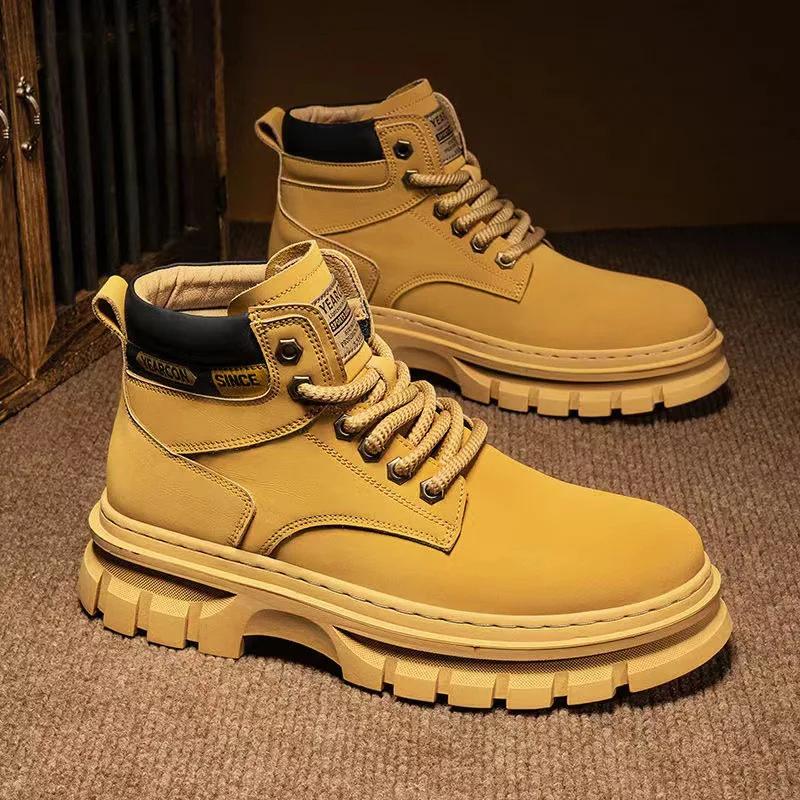 Fashion Men's Leather Boots Brand Retro Platform Sneakers Comfortable Boots for Men High Top Non Slip Shoes Business Work Shoes