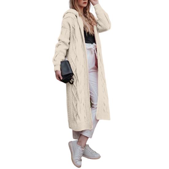 Long Style Women Cardigan Loose Fit Solid Color Hooded Front Open Warm Autumn Winter Twist Design Knit Coat For Daily Wear