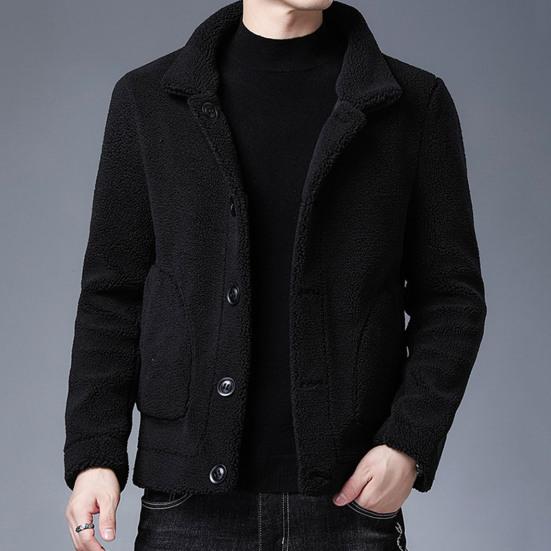 Men Jacket Lapel Long Sleeve Single Breasted Coat with Pockets Solid Color Reversible Design Polar Fleece Faux Leather Outwear