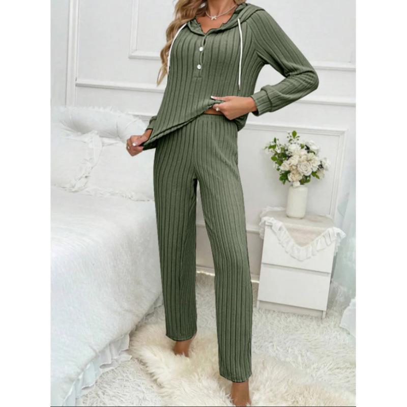 Women's Home Wear Set Casual Fashion Pit Strip Brushed Long-sleeved Hooded Button T-shirt Trousers