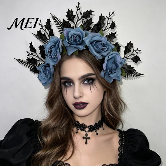Streetwear Gothic Hairband for Women Halloween Rose Headband, Flower Leaf Crown Hair Hoops Bands, Floral Party Headpiece Cosplay Dress Up Accessories