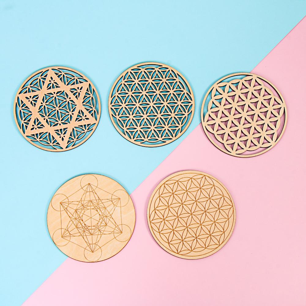 Collectibles Flower of life Decor Healing Circles Carved Round Edge Wood Chakra Pattern Coaster