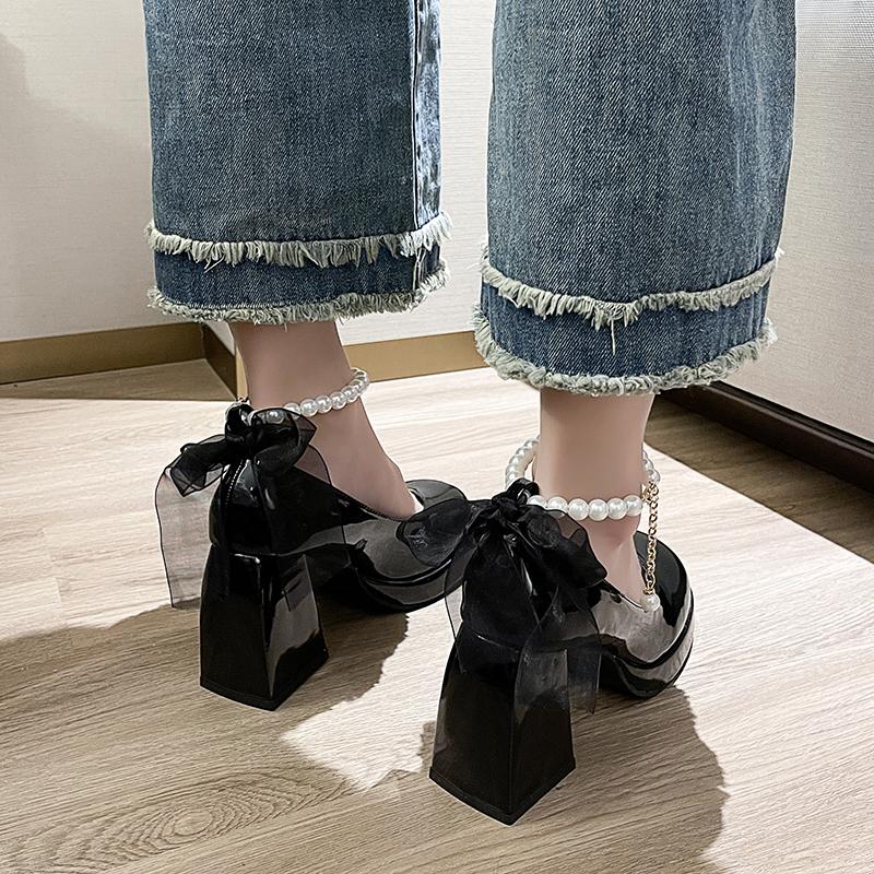 Женские новые осенние массивные туфли-одинарки с круглым носком, мелким вырезом, украшенные бантом-бабочкой и бусинами, на платформе и высоком каблуке