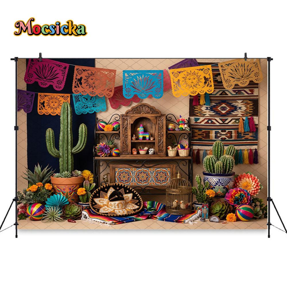 Mocsicka Mexican Fiesta Backdrop Photography Cactus Pinata Papel Picado Background Taco Party Kids Birthday Photoshoot Studio