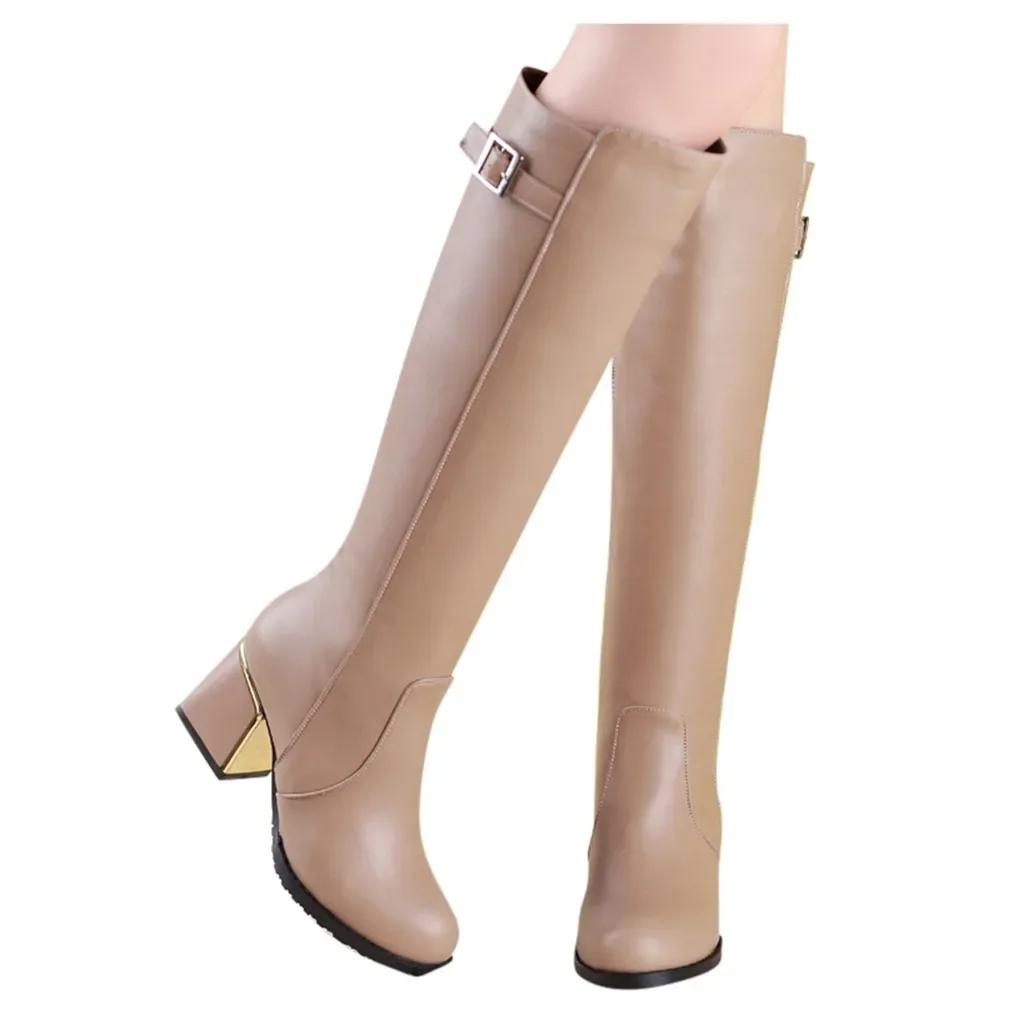 Women White Leather Knee Bare Boots Square High Heel Casual Long Tube Booties Lady Sexy Over Knee Thigh High Boots Lady Winter