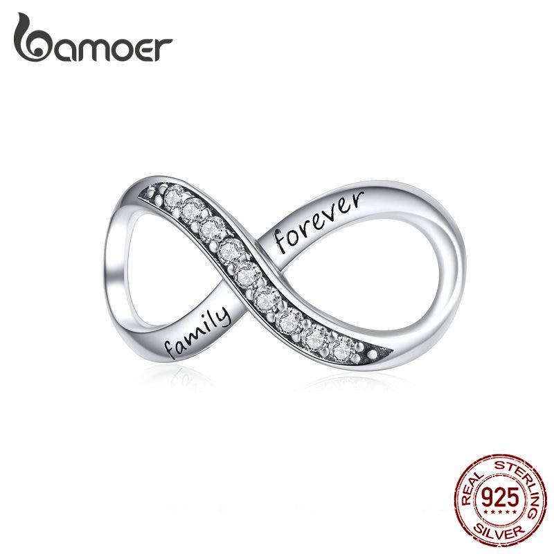 BAMOER Real 925 Sterling Silver Infinity Family Forever Clear Crystal Charm Beads for Women