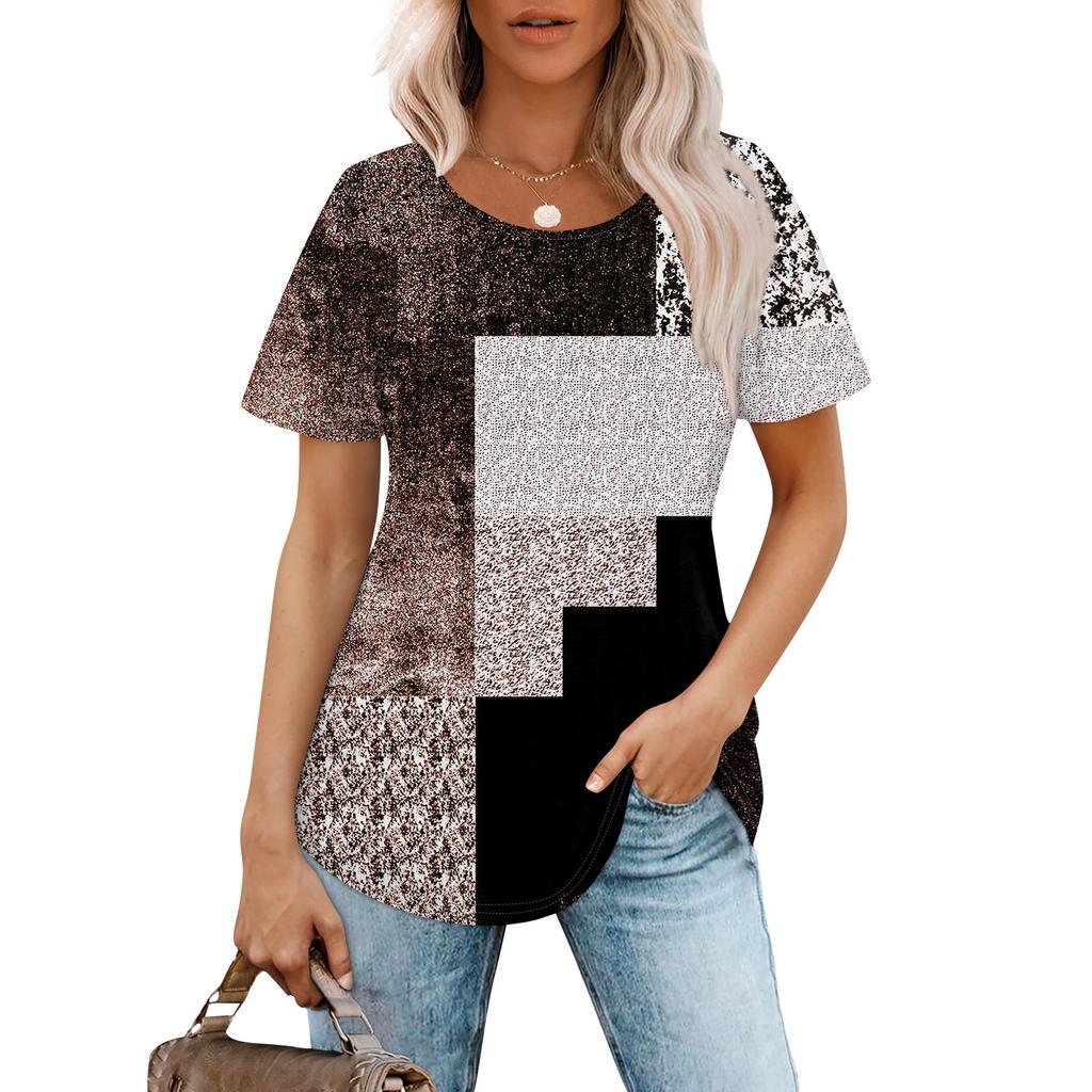 Women's Fashionable Casual Pleated Round Neck Gradient Printed Short Sleeved T-shirt Top