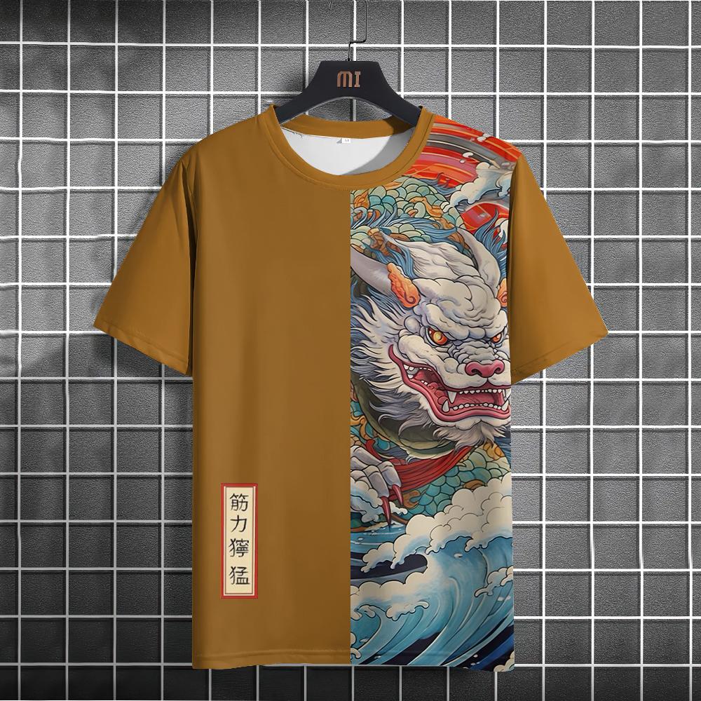 Мужская футболка с рисунком животных в японском стиле, футболки с принтом укиё-э, повседневные свободные футболки с короткими рукавами, большие мужские костюмы, топы