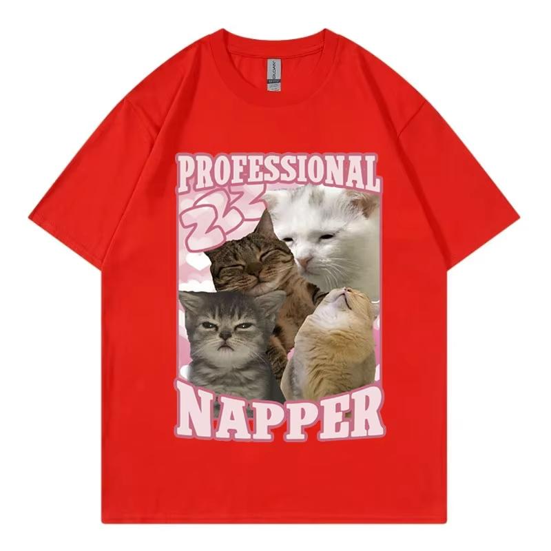 2026 Summer Cotton Tee Cute Sleeping Cats Meme Graphic Unisex WOMEN Plus Size Loose Casual Hip Hop Streetwear Breathable Top
