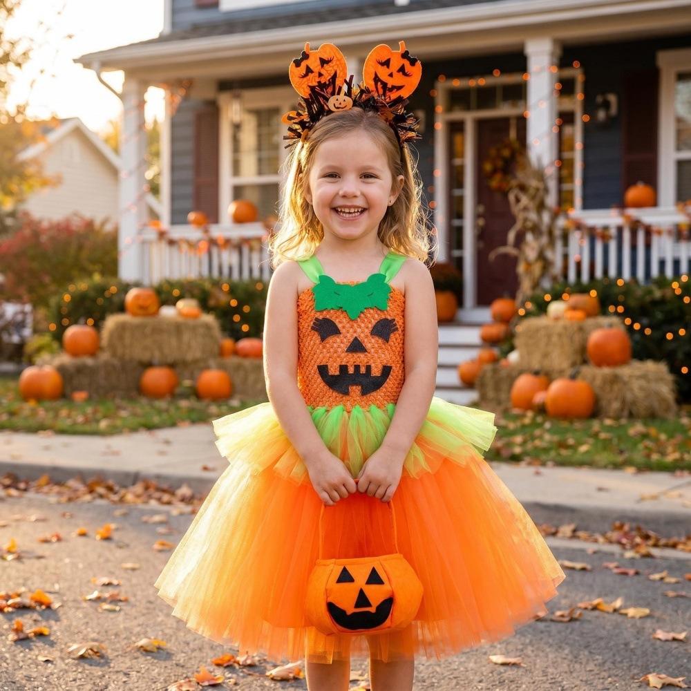Pumpkin Tutu Dress Halloween Costume for Girls Tulle Skirt Party Dress with Headband and Pumpkin Bag Set for Festival Stage Performance