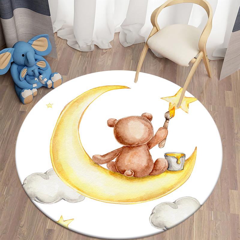 Living Room Round Carpet Floor Mat Kids Anti-Slip Mat Cartoon Bear Print Kids Carpet Kawaii Area Rug