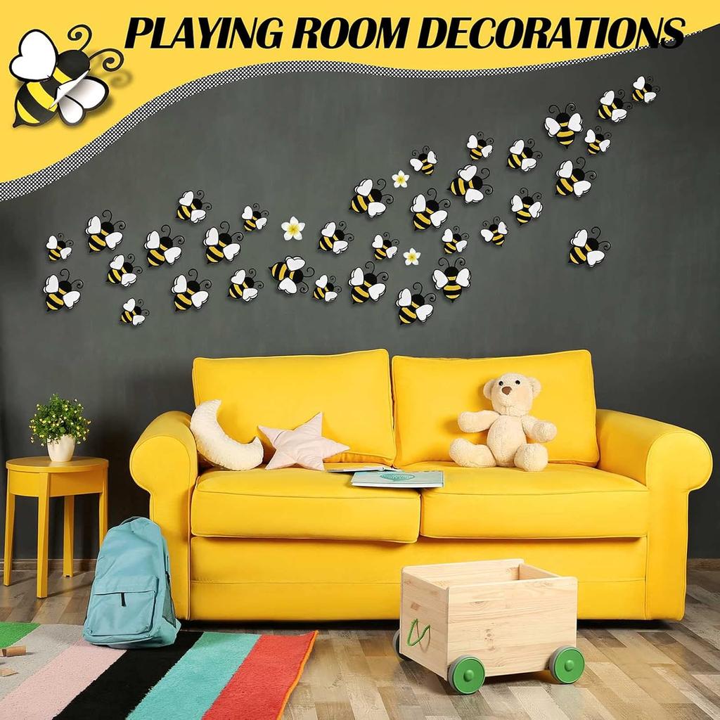48 Pieces 3D Bee Yellow Stickers Decor Removable Mural Decals Honey Bee Clings for Home Office Fridge Decorations Party Supplies,3 Sizes