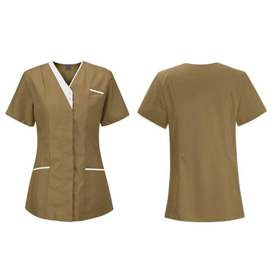 Топы для медсестер с v-образным вырезом и короткими рукавами, лоскутные цветные топы с карманами и пуговицами, декольте, топы для стоматологической хирургии, спецодежда