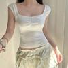 Korean Retro Y2K Crop Tops Fairycore Eyelet Kawaii T-shirt Lace Trim Square Collar Short Sleeve White Tees