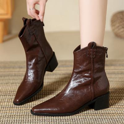 Модные ретро ботильоны с острым носком и молнией до щиколотки, женские модные ботинки в западном стиле с V-образным вырезом, дизайнерские ботинки, высококачественная мягкая кожа, повседневные ботинки