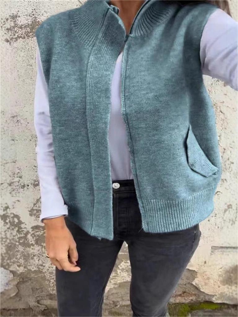 European and American Women's Autumn/Winter Stand Collar Zipper Sweater Vest - Loose Knit Casual Cardigan