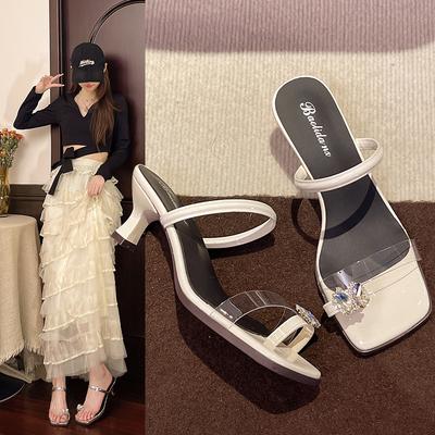 Мода Женщины Каблуки-рюмочки Шпильки Мюли Квадратный Открытый Носок Шлепанцы Сандалии Стразы Пряжка Ремешки Каблуки Слингбэки