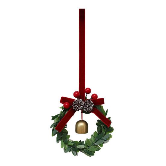 Christmas Bell Wreath Hanging Ornament Mini PVC Garland with Red Bow Xmas Tree Decor