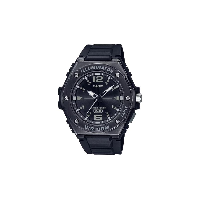 Casio Водонепроницаемость 100 метров и элегантный кварцевый механизм, полимерный ремешок, японские и корейские часы, мужские часы, черный циферблат MWA-100HB-1AV