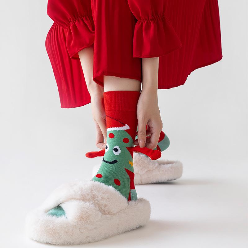 1 пара хлопковых чулок Санта Клауса и Рождественской елки, Рождественские магнитные носки, держащиеся за руки, Унисекс, Длинные носки, держащиеся за руки