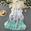 Spring Autumn Women Elegant Lace Flare Sleeve Deep V-neck Print Long Maxi Holiday Party Dresses