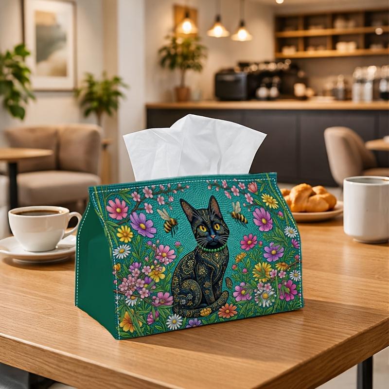 1pc Whimsical Folk Nature Tissue Box - Feline Cat Wildflower Bee Napkin Storage Box, Suitable for Rolls/Facial Tissues/Single Sheets, Two Sizes Availa