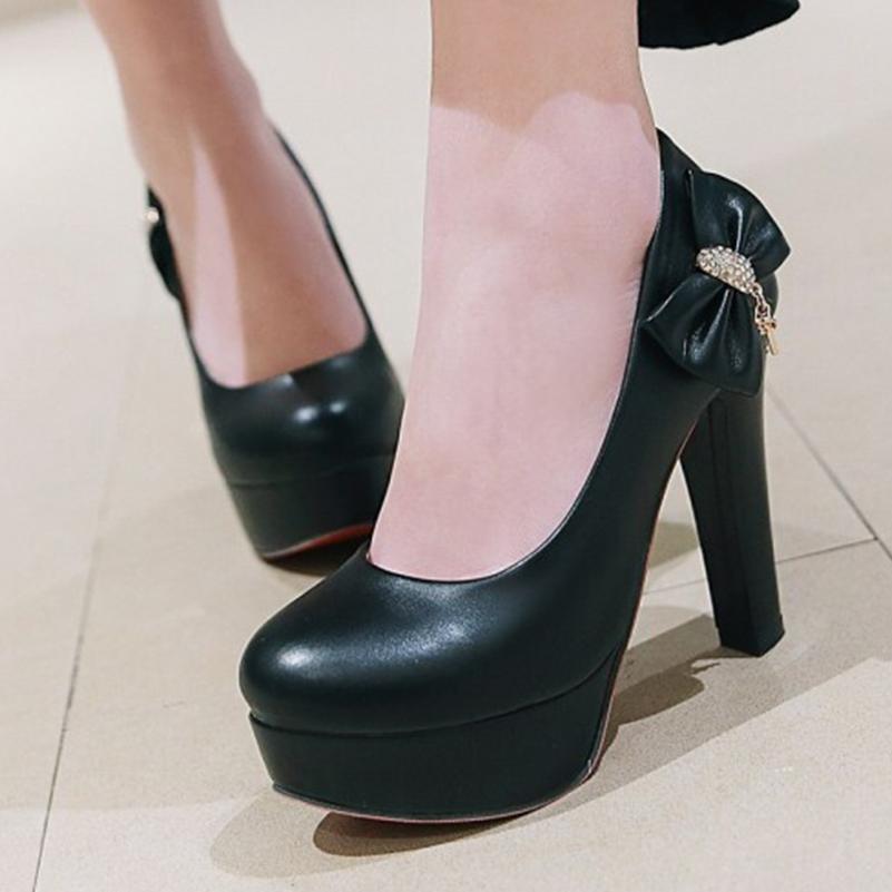 Женские туфли-лодочки из искусственной кожи на платформе, на очень высоком каблуке, с круглым носком и бантом, милые вечерние весенне-осенние туфли черного, белого, бежевого цвета