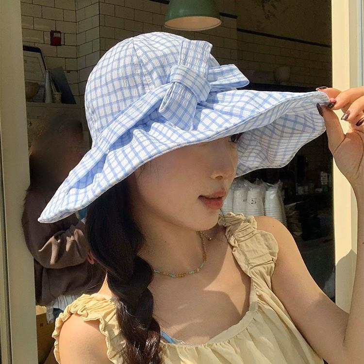 Sweet bow plaid bucket hat women's spring and summer new big eaves show small face travel shade sun hat