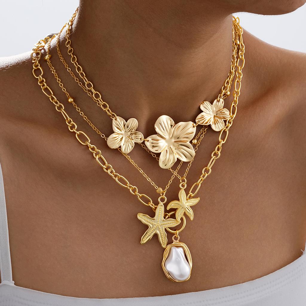 4 шт./комплект Блестящие Ракушка Морская Звезда Раковина Цветок Ожерелья для Женщин Простые Имитация Жемчуга Золотой Цвет Кулон Ожерелье Женские Украшения