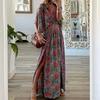 Women's Autumn New Fashion V-neck Short-sleeved Loose Bohemian Side Split Long Dress Printed Dresses