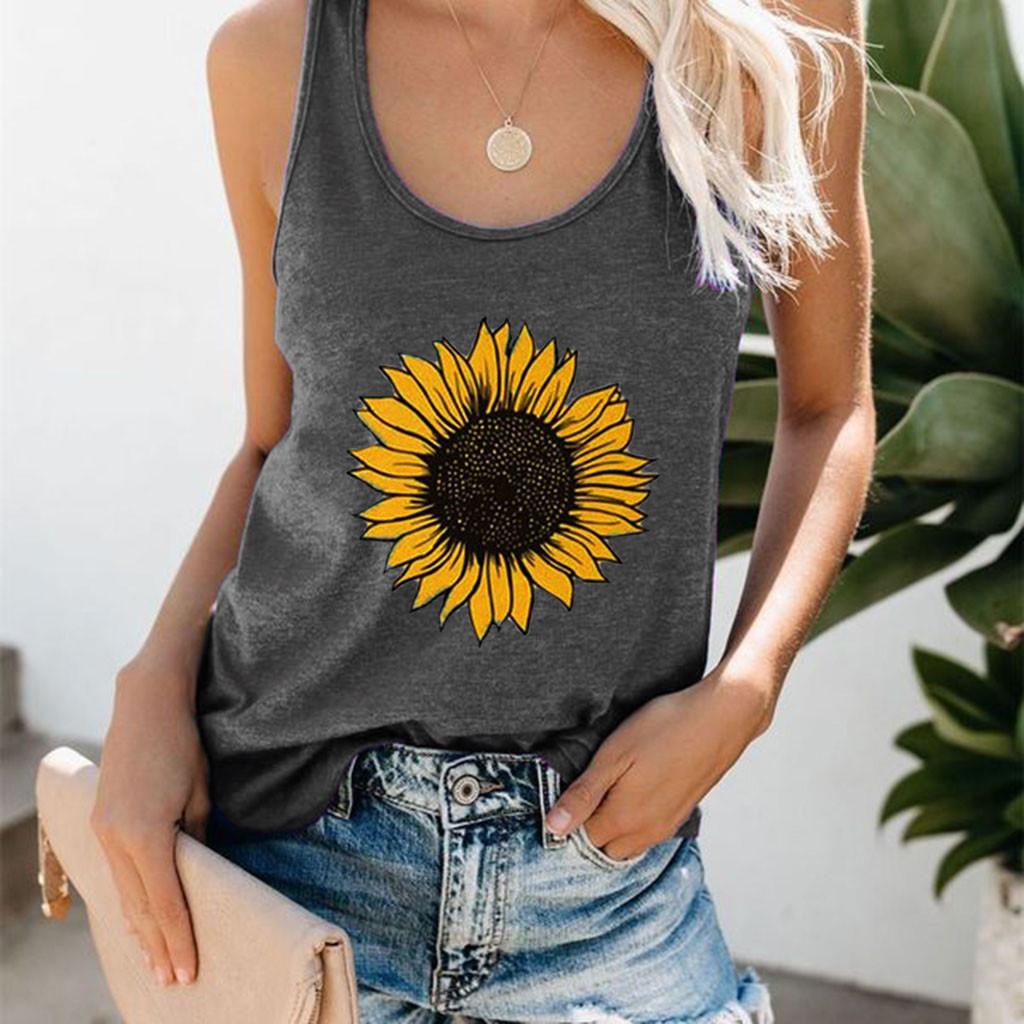 Women Plus Size Summer Sunflower Print Round Neck Sleeveless T-shirt Top Tank