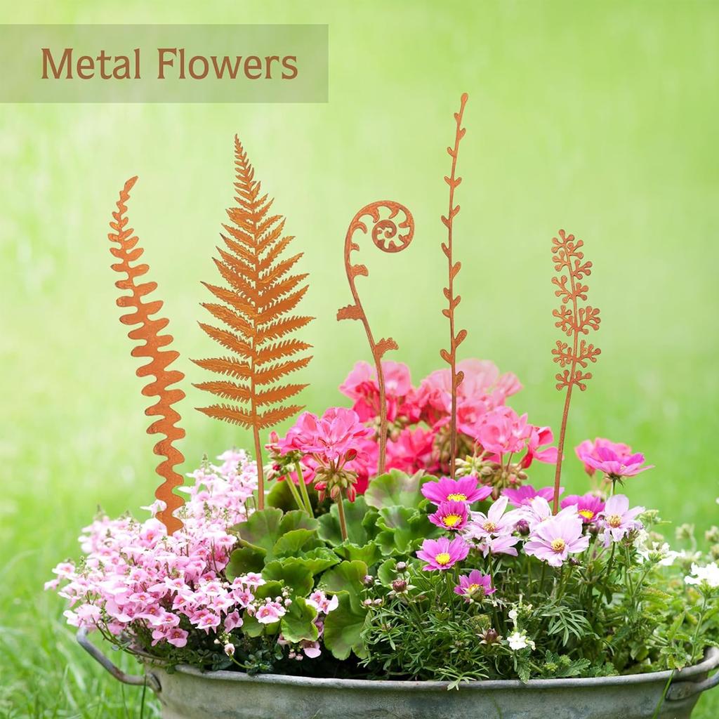 5pcs Rusty Fern Potted Plant Decoration Garden Stakes Metal Outdoor Courtyard Yard Art Decoration Country Garden Iron Sculpture