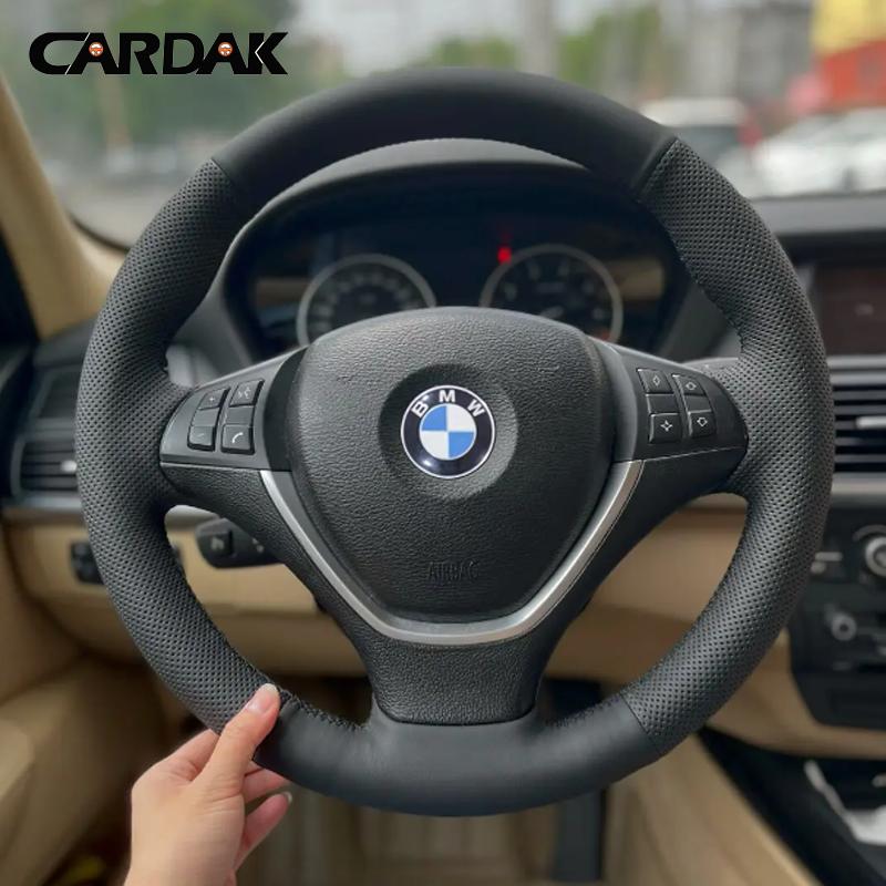 Cardak Hand-stitched Full Black Leather Car Steering Wheel Cover for E70 X5 2006-2013 E72 E71 X6 2008-2014