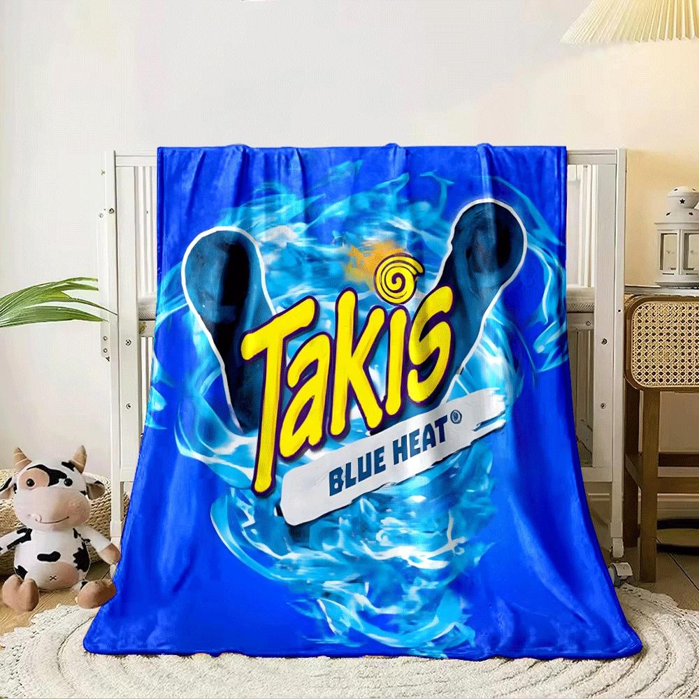 Bright blue flame pattern surrounding bold yellow "Takis" logo text. for all seasons blanket lunch break throw gift