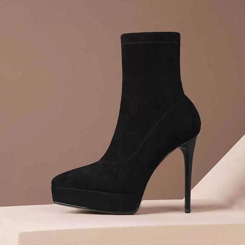 Elastic short boots medium boots fashion thin boots suede waterproof table women elegant pointed super high