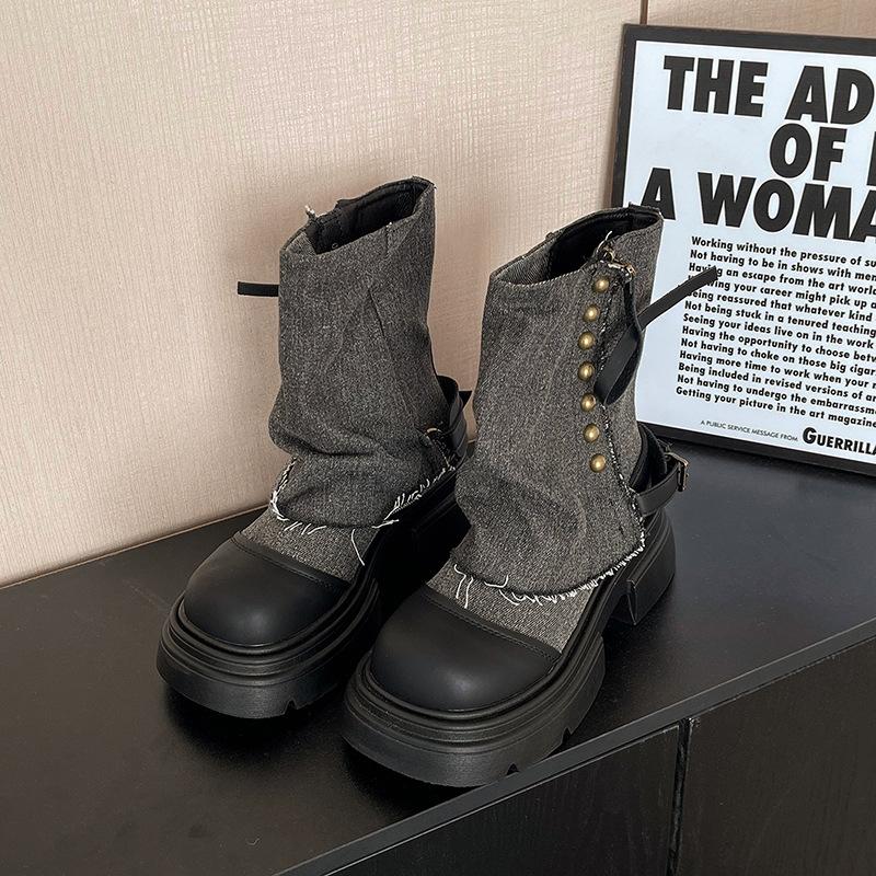 Женские ботинки Мартин на платформе в британском стиле, осенне-зимние, комбинированные ковбойские ботинки, нишевые, с юбкой, на толстом каблуке, короткие ботинки