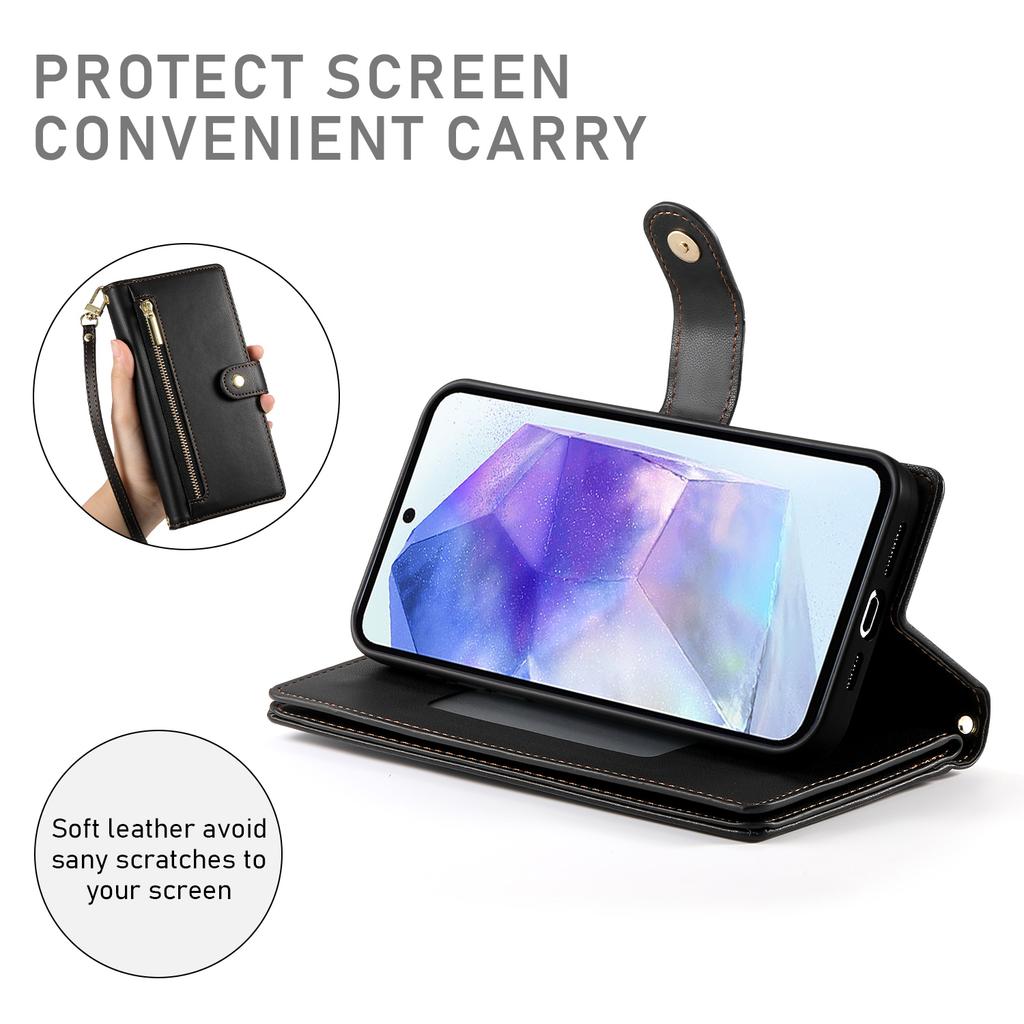 DF-011 For Samsung Galaxy A55 5G Case Zipper Pocket Leather Cover with Multiple Card Slots