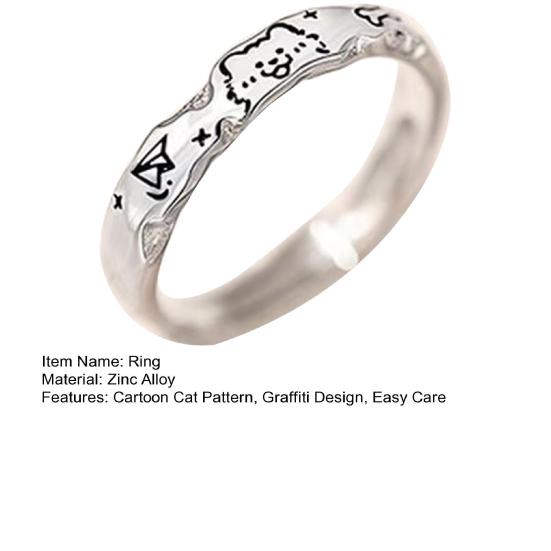 Couple Ring Cartoon Cat Fish Dog Bone Graffiti Design Matte Wavy Edge Textured Surface Finger Ring Non-Oxidizing Jewelry Gift